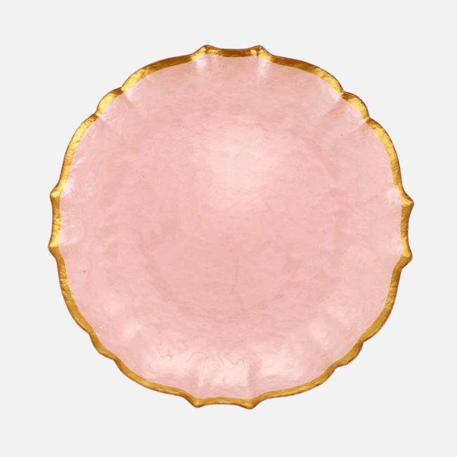 15 Memphis FINDS at Local Shops: Spring Dresses, Home Decor & More! - 15 A round, pink plate with a scalloped edge and metallic gold trim, viewed from above against a plain backgroundβa charming Memphis FINDS April accent for your table.