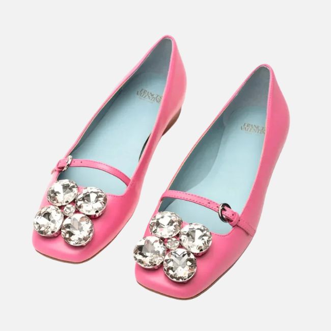 15 Memphis FINDS at Local Shops: Spring Dresses, Home Decor & More! - 4 A pair of pink Mary Jane shoes with blue insoles and large clear jeweled embellishments on the toesβa playful Memphis FINDS April highlight.