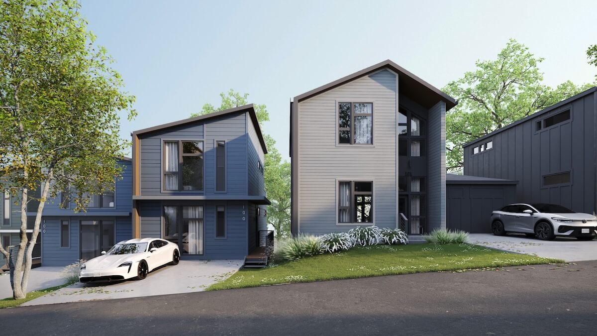 Two modern, two-story homes with large windows and driveways, each featuring an electric car parked in front, situated on a suburban street in East Nashville with trees in the background.