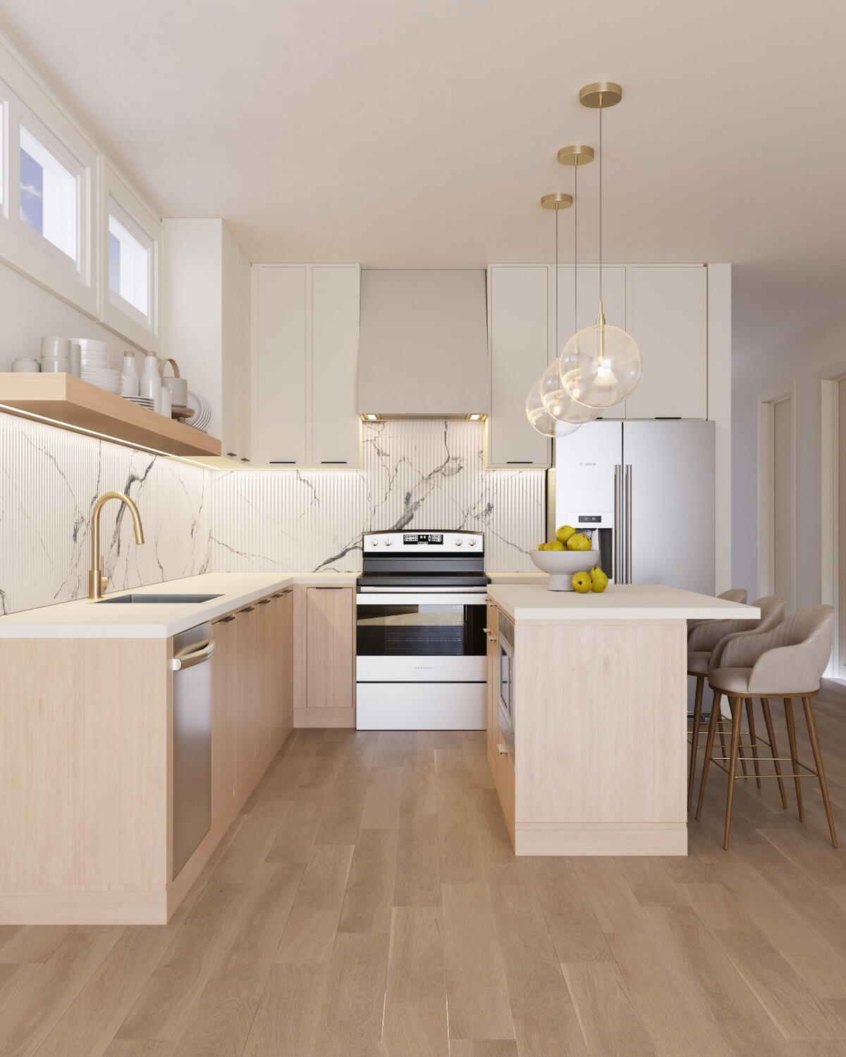 Modern kitchen in East Nashville homes with light wood cabinets, stainless steel appliances, an island with barstools, and pendant lights. Marble-patterned backsplash and wood flooring add style to these new developments.