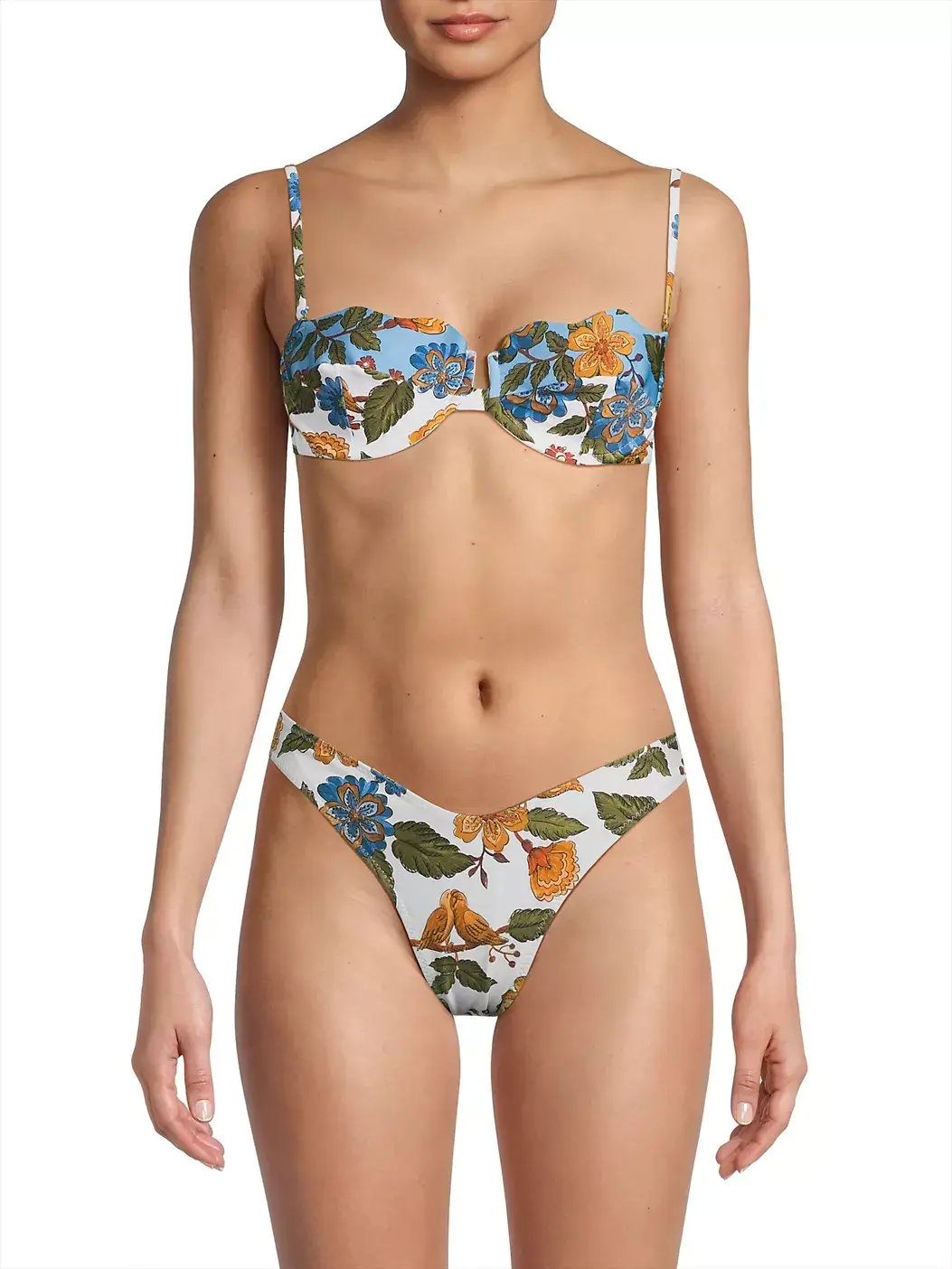 Stylish woman wearing a bikini with a blue, green, and yellow floral print—perfect for summer. The bikini features underwire cups and high-cut bottoms against a plain white background.