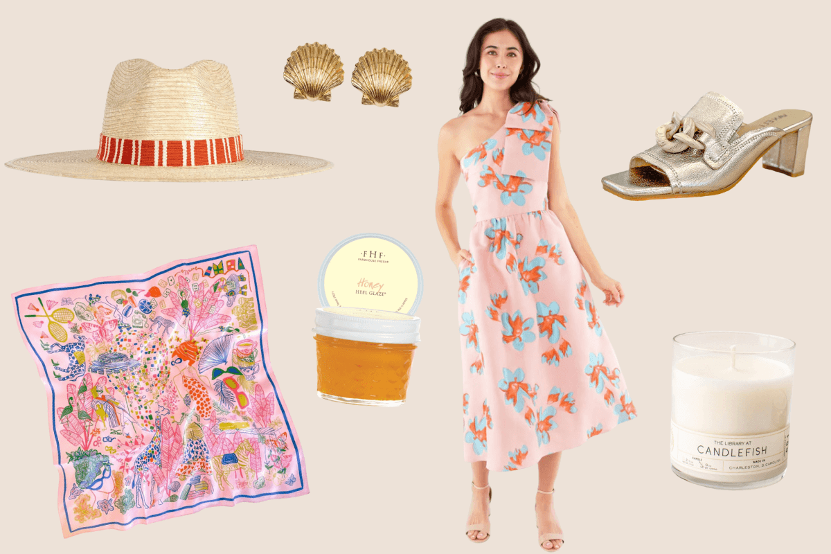 A woman in a floral one-shoulder dress is surrounded by Southern-inspired finds: a straw hat, gold seashells, silver heel, colorful scarf, jar, and candle—perfect treasures for an April day.