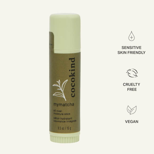 The 5 Best-Smelling Skincare Products I Can't Live Without - 6 A tube of Cocokind mymatcha all-over moisture stick, 0.5 oz, with labels indicating it is sensitive skin friendly, cruelty free, vegan, and a favorite for those seeking best-smelling skincare.