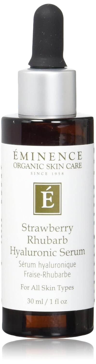 The 5 Best-Smelling Skincare Products I Can't Live Without - 4 A brown glass dropper bottle labeled "Eminence Organic Skin Care Strawberry Rhubarb Hyaluronic Serum," 30 ml, for all skin types—one of the best-smelling skincare serums you'll find.