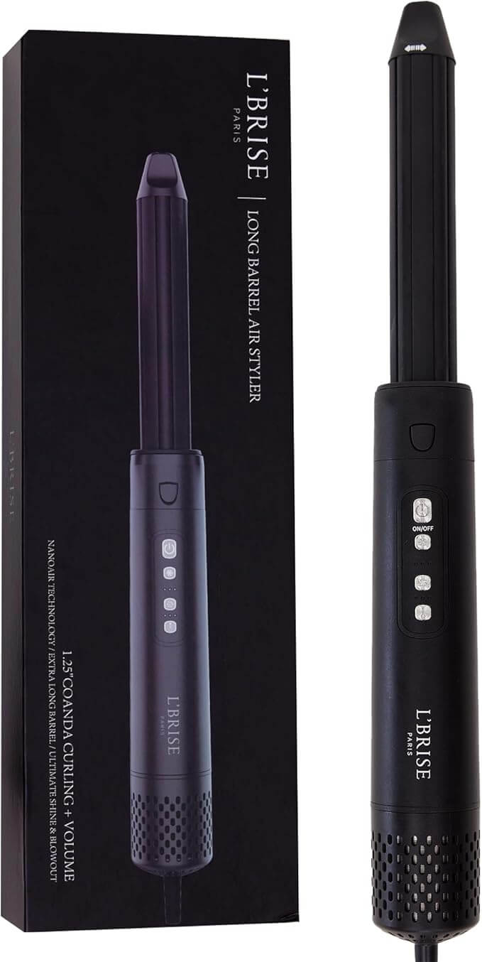 A black L’BRISE Paris long barrel air styler is shown next to its product packaging, which features an image and the name of the device.