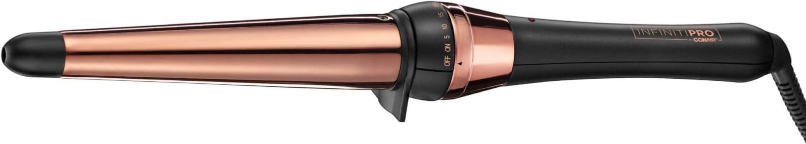 A black and copper hair curling wand from Hair Obsessions, featuring an adjustable heat dial and an on/off switch—a must-have hair product for effortless styling.