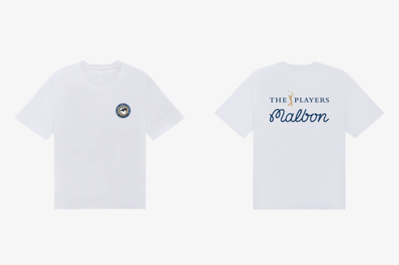Front and back views of a white T-shirt with a small circular logo on the chest and "THE PLAYERS Malbon" text with a golf flag graphic on the back—perfect for Father's Day gifting.
