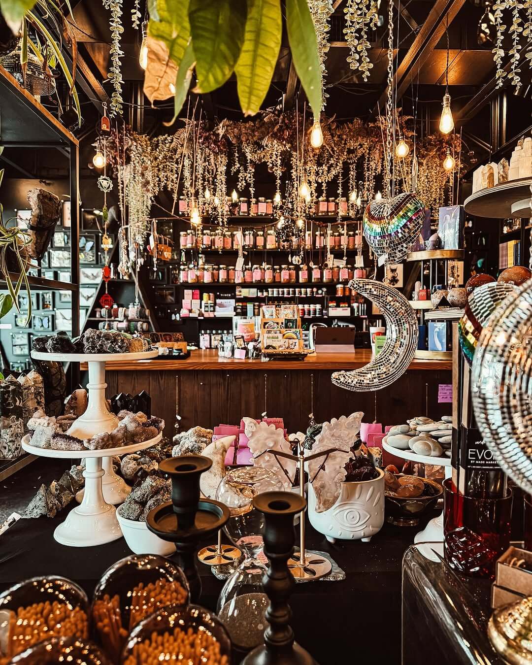 A shop interior with shelves of bottles and jars, crystals, rocks, hanging plants, and string lights at Ritual + Shelter.