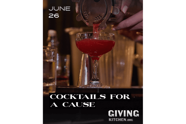 A bartender at Liquor Lab pours a red cocktail into a glass. Text reads: “June 26. Cocktails for a Cause. GivingKitchen.org.”.