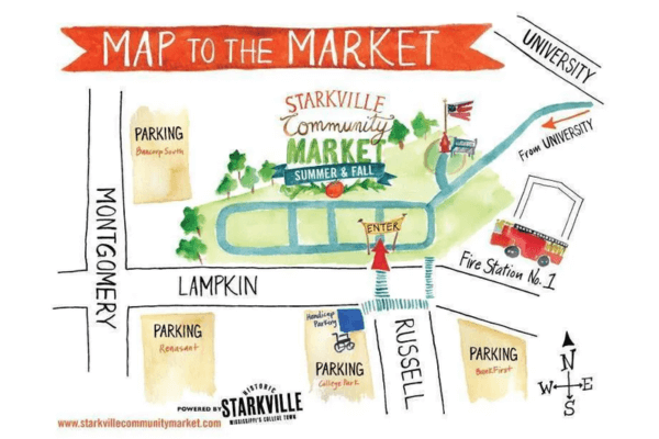 Illustrated map showing routes and parking locations for the Starkville Community Farmer's Market, featuring landmarks like Fire Station No. 1 and clearly labeled streets: University, Montgomery, Lampkin, and Russell.