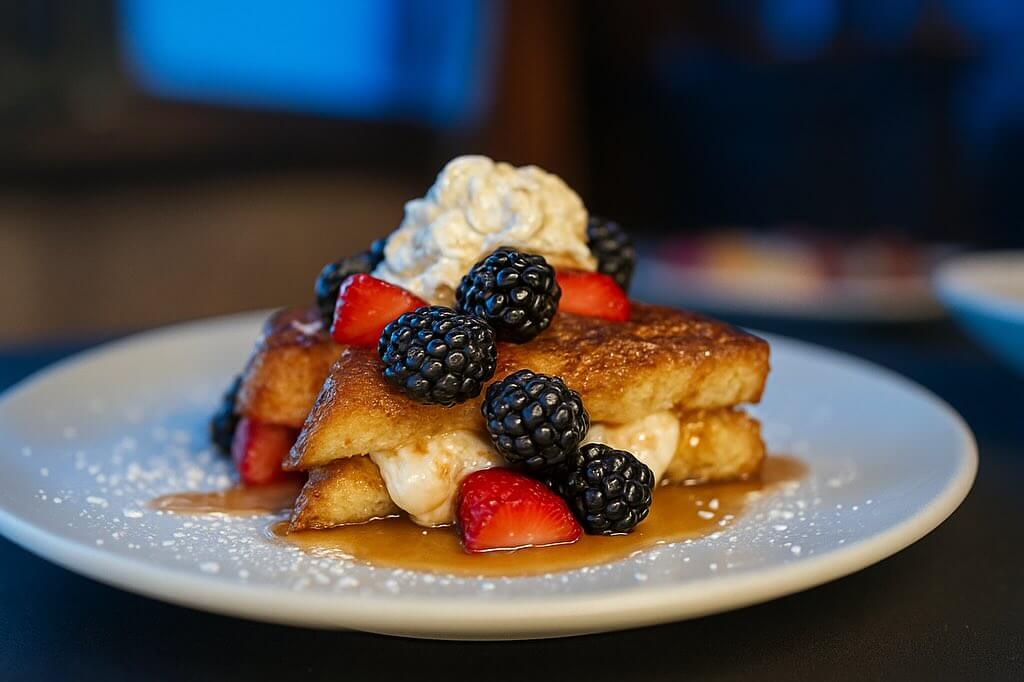 Where to Get Mother's Day Brunch in Memphis - 6 Two slices of French toast stacked with cream, topped with whipped cream, blackberries, strawberries, and syrup on a white plate—perfect for a Mother's Day brunch in Memphis.