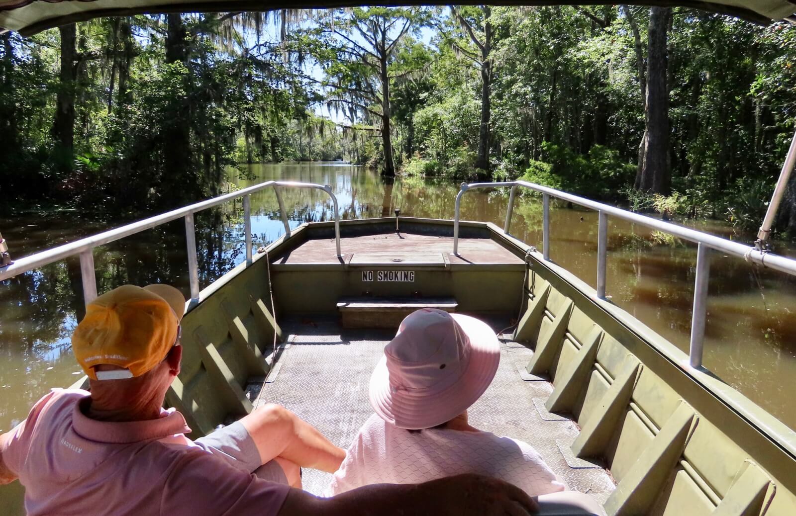 Two people sit at the front of a flat-bottomed boat, cruising down a tree-lined swamp or river on a sunny day with Eco-Tours of South MS.