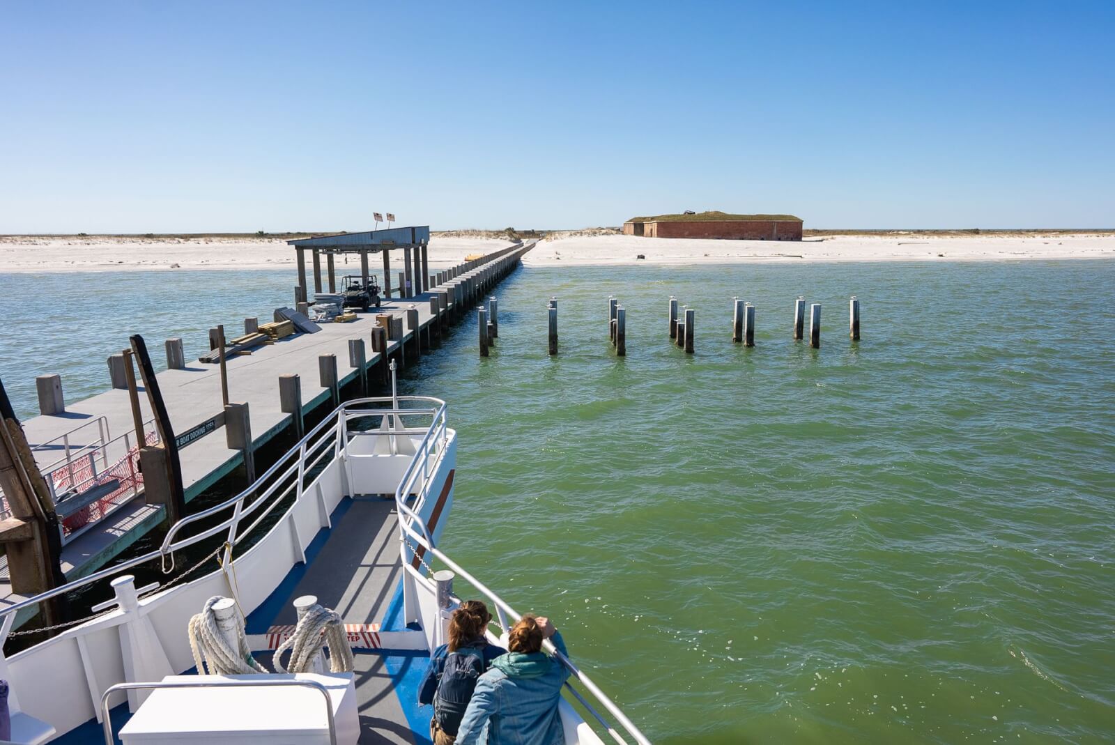 The Ship Island Excursions boat approaches the dock for Ship Island, MS.