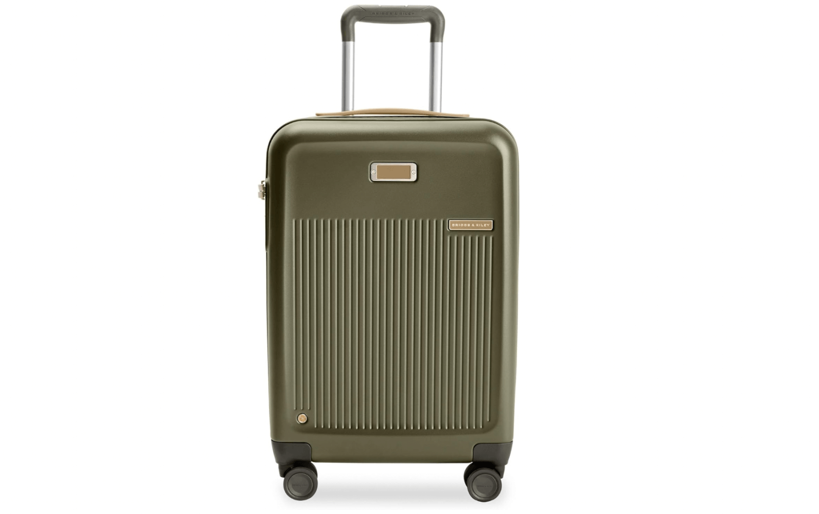 A green hard-shell suitcase with four wheels, a retractable handle, and horizontal ridges on the front—one of the best luggage pieces for easy travel.