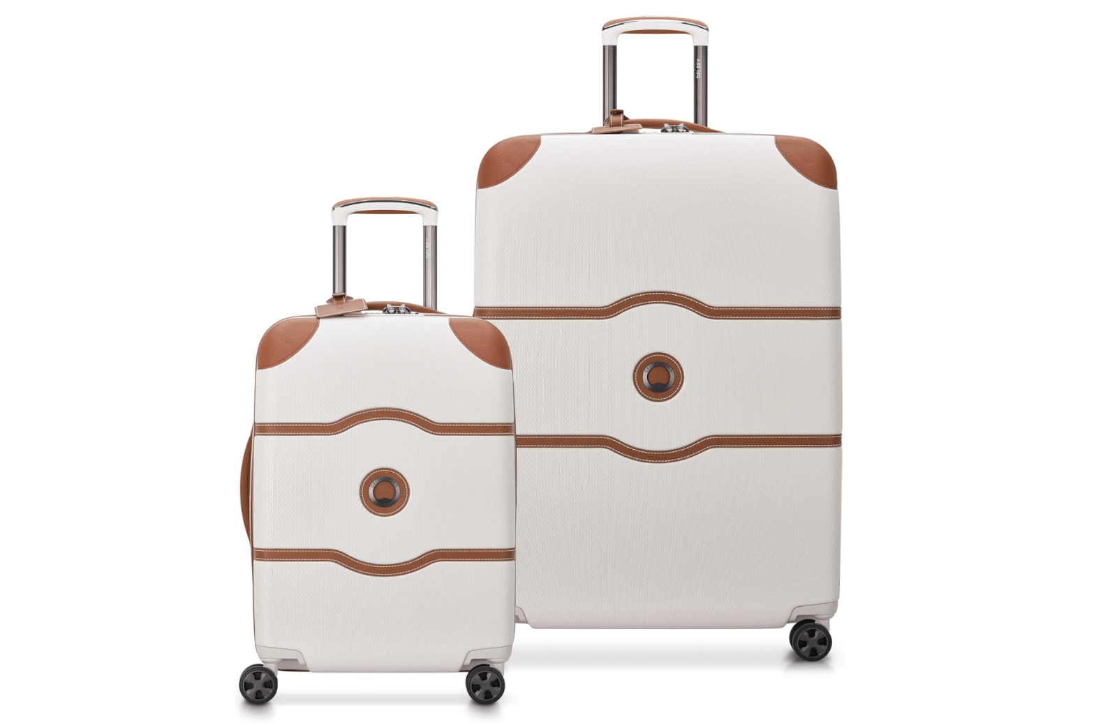 Two white hard-shell luggage pieces with brown accents, telescopic handles, and four wheels—perfect for travel—stand side by side in large and small sizes.