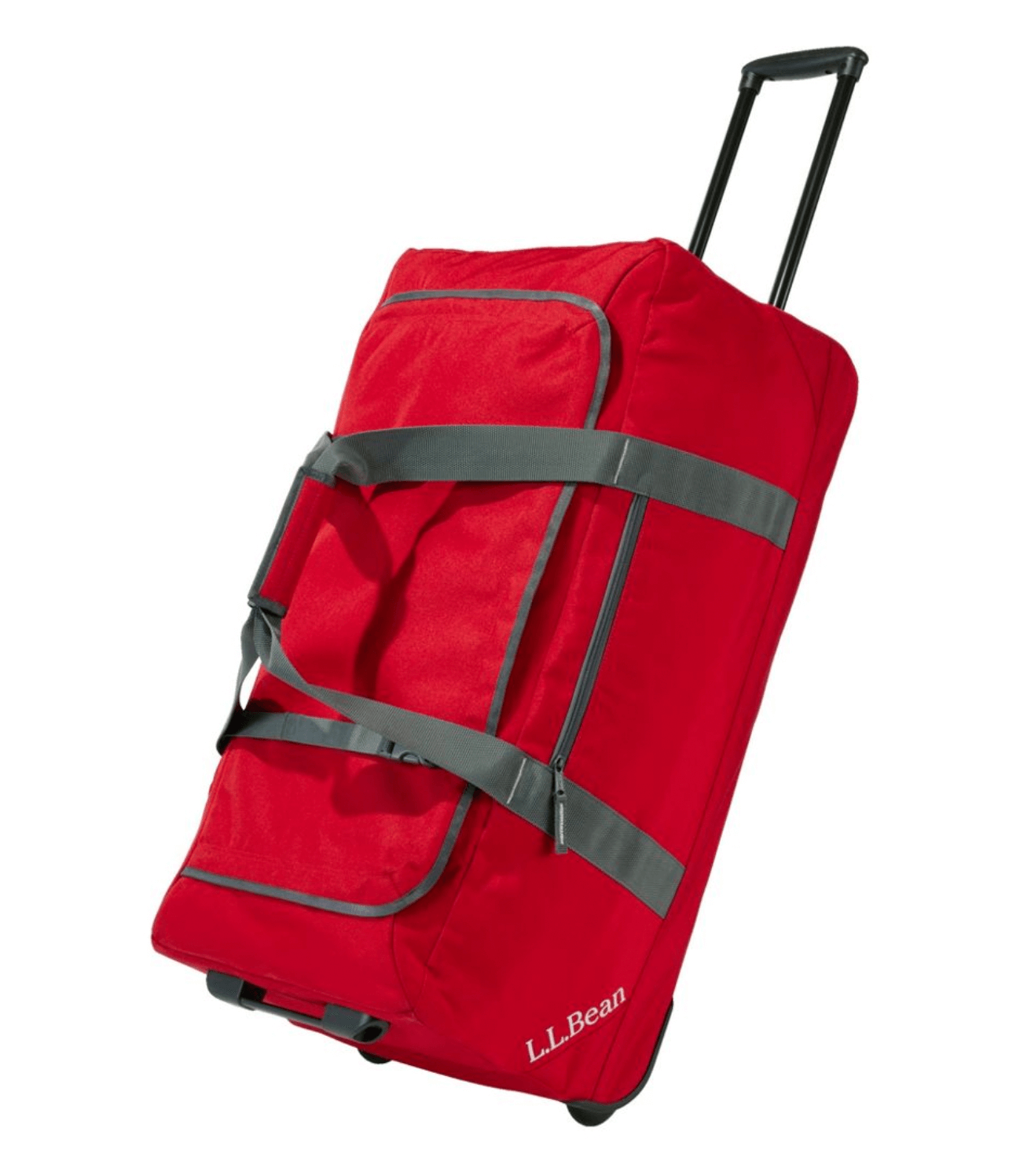 A large red wheeled duffel bag with gray straps and a retractable handle, this travel luggage piece features the L.L. Bean logo in white—ideal for those seeking the best luggage for any adventure.