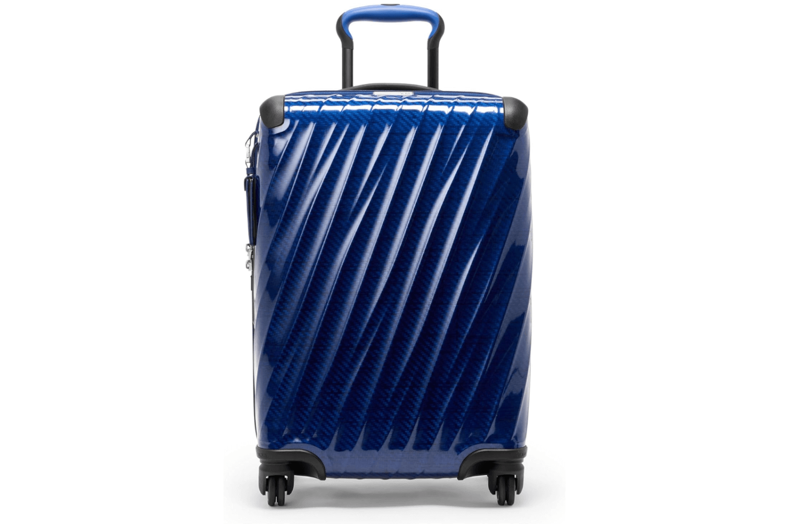 A blue hard-shell suitcase with diagonal textured lines, four wheels, and a telescopic handle, this travel luggage stands upright and combines style with function.