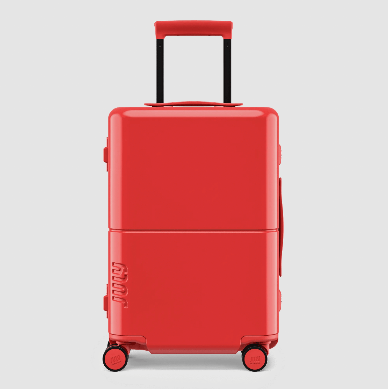 A red hard-shell suitcase with four wheels and a telescopic handle, featuring the brand name "Jolly" embossed on the bottom left corner—perfect for those seeking the best luggage for every adventure.