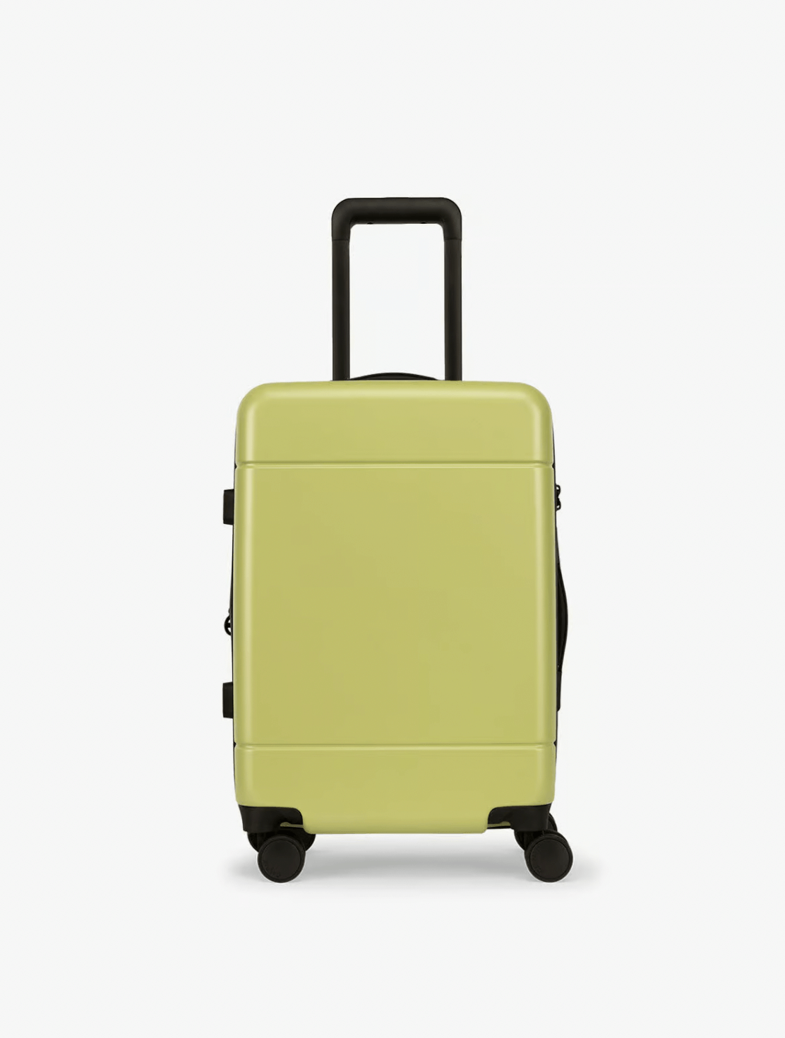A hard-shell suitcase in light green with a black telescopic handle and four wheels, photographed against a plain white background—perfect for travel and an ideal addition to your collection of luggage pieces.