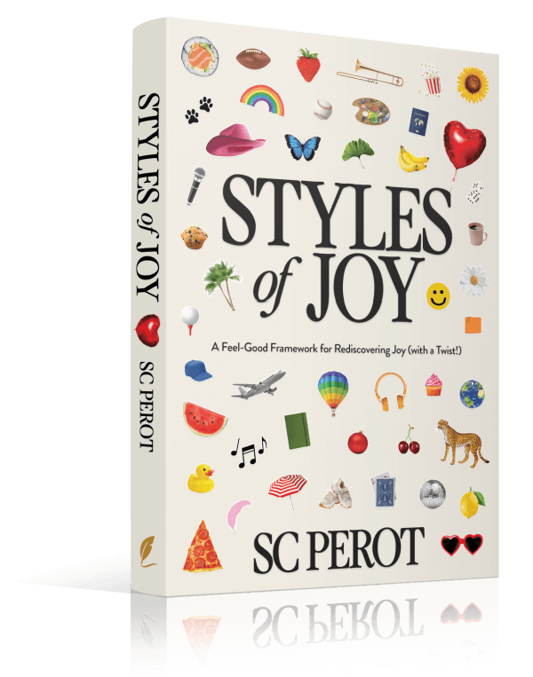 Book titled "Styles of Joy" by SC Perot features a vibrant cover with colorful icons—hearts, pizza, animals, music notes, and everyday objects—perfectly capturing the playful spirit of Styles of Joy.