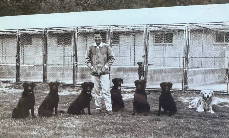 A man stands outdoors in front of chain-link kennels at Tealbrook Kennels, posing with seven dogs sitting in a row on the grass, showcasing their expert dog boarding and training.