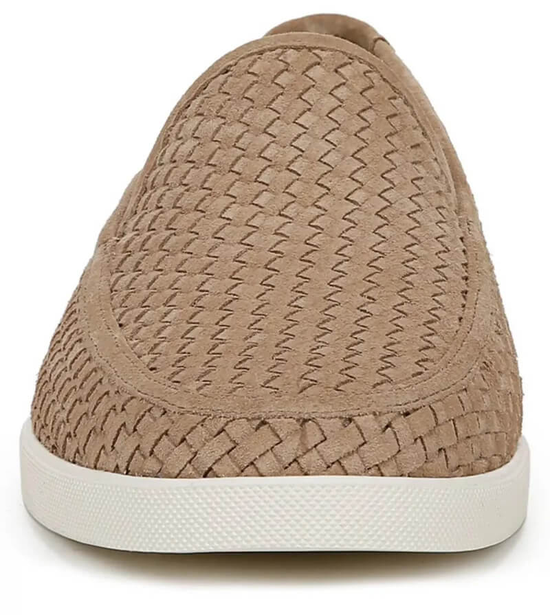 A front view of a tan woven slip-on shoe with a white rubber sole, perfect for Father's Day, photographed against a white background.