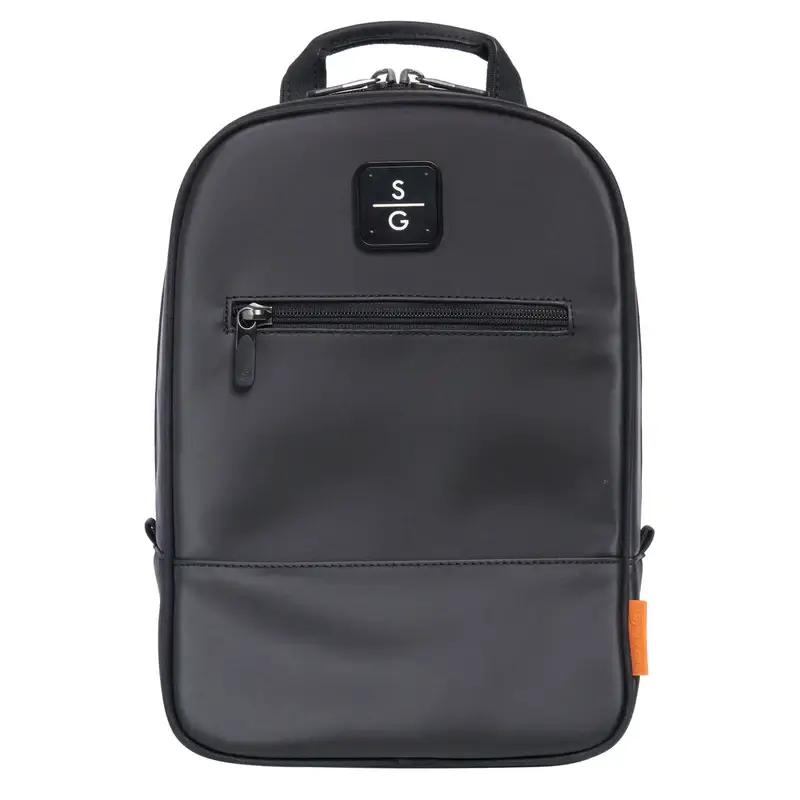 A black backpack with a front zipper pocket, a top handle, and an "SG" logo on the upper front. An orange tag is attached near the bottom right—perfect for golf gifts or as a stylish pick for Father’s Day gifts.