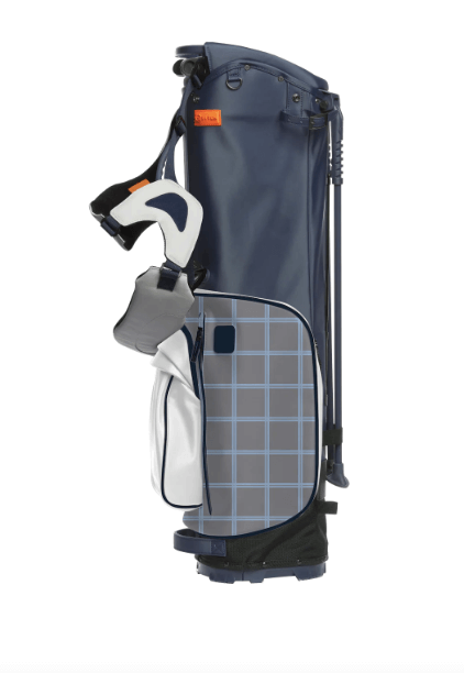 A blue and gray golf bag with a white and gray plaid side pocket, black and white padded strap, and an orange label, shown standing upright on a white background—an ideal Father's Day gift for the golfing dad.