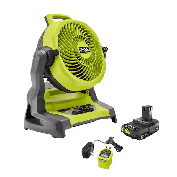 A green and gray Ryobi portable fan, a summer essential, comes with a rechargeable battery, charger, and power adapter displayed beside it.