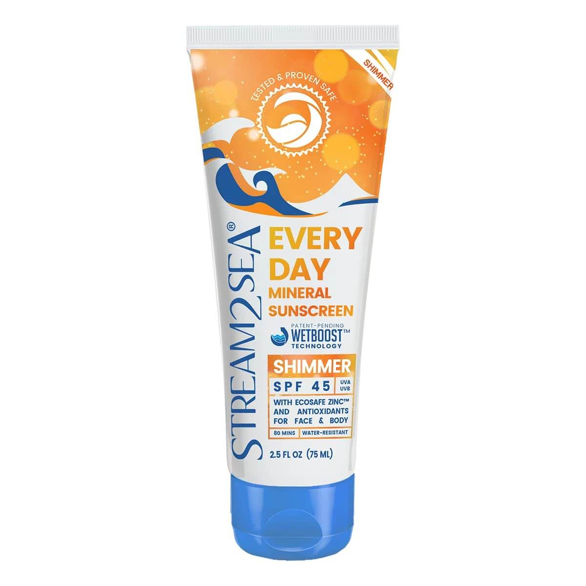 A tube of Stream2Sea Every Day Mineral Sunscreen Shimmer SPF 45, 2.5 fl oz, is a summer essential with eco-friendly, water-resistant features—ideal for protecting your face and body all season long.