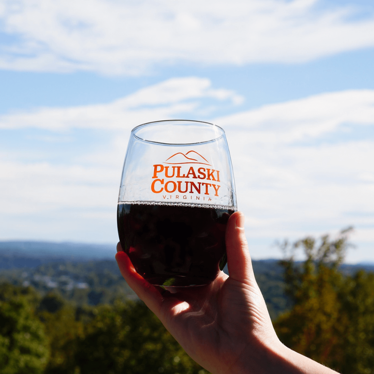A hand holds a glass with "Pulaski County Virginia" printed on it, filled with a dark beverage, set against a scenic outdoor backdrop—showcasing one of Virginia tourism's must-visit destinations.