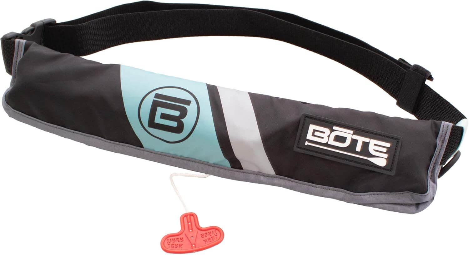 BOTE inflatable belt pack life jacket in black and teal, featuring an adjustable strap and red pull handle—an essential addition to your boating accessories collection.