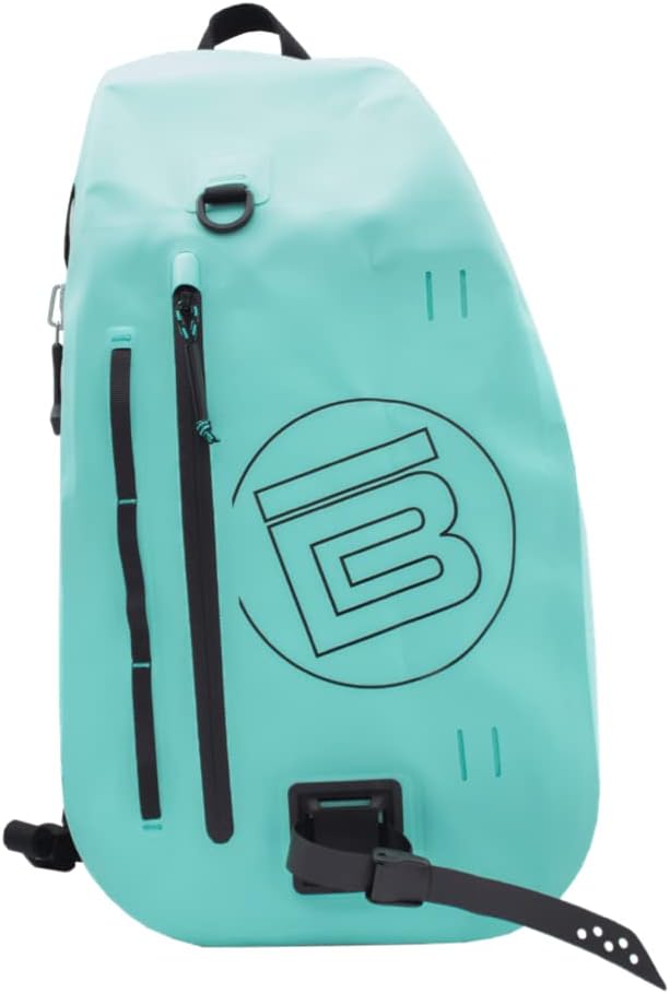 A turquoise waterproof backpack with a black zipper, a logo featuring the letters "B" and "E," and an adjustable strap with a buckle—perfect for storing boating accessories on your next adventure.