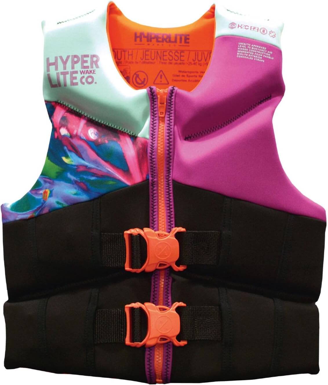 A colorful youth life jacket with "Hyperlite" branding, front zipper, two black adjustable straps, and orange buckles—an essential addition to your boating accessories.