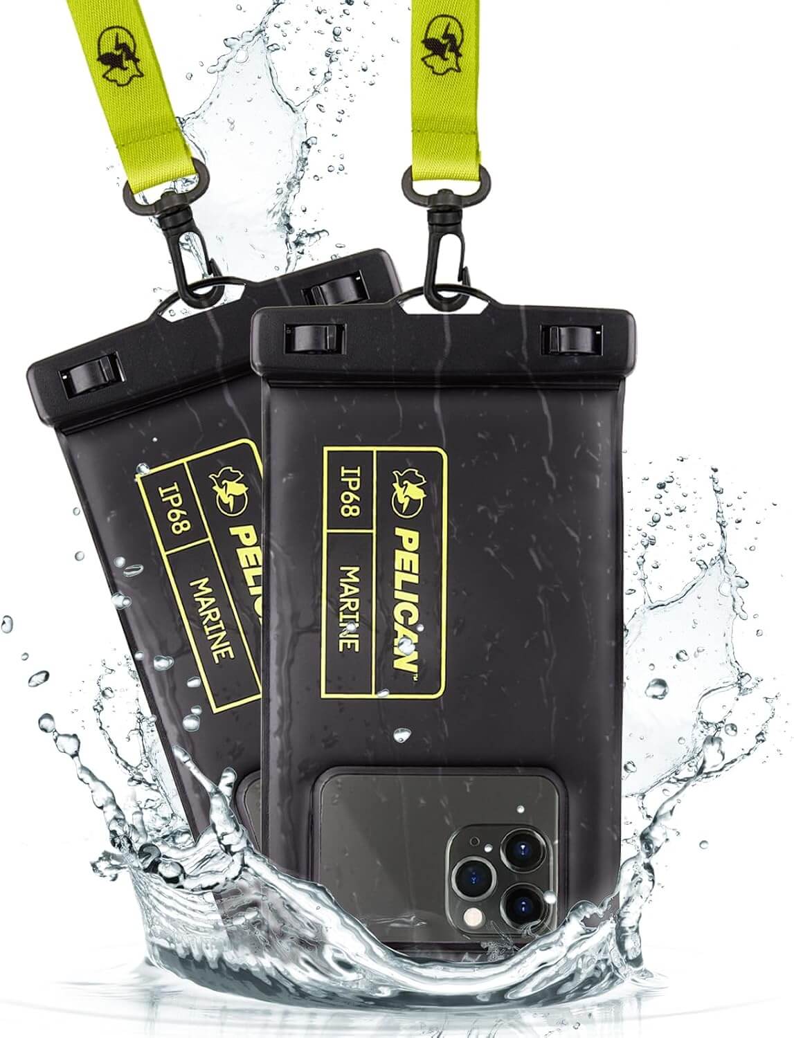 Two waterproof Pelican phone pouches with yellow lanyards, perfect as boating accessories, are shown splashing in water—one securely holds a smartphone with its camera visible.