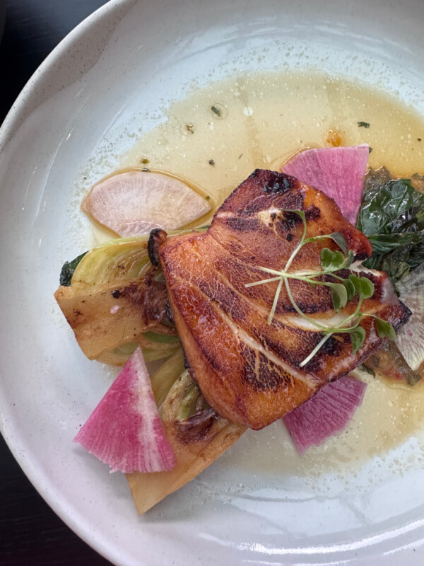 A seared piece of fish is served on a bed of vegetables, garnished with microgreens and radish slices on a white plate.