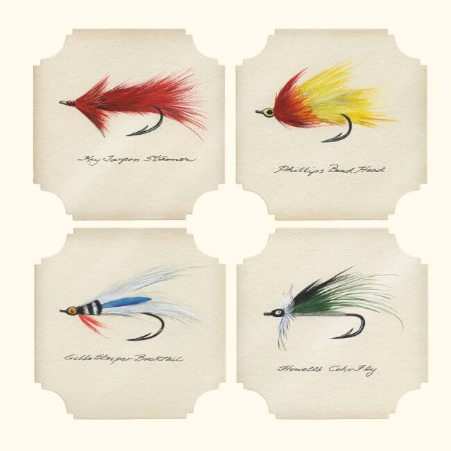 22 Birmingham FINDS for June: Breezy Dresses, Entertaining & Gifts for Dad - 20 Four illustrated fishing flies, each labeled: Top left is red, top right is yellow and red, bottom left is blue and white, bottom right is green and black—perfect for summer shopping—set against cream backgrounds.
