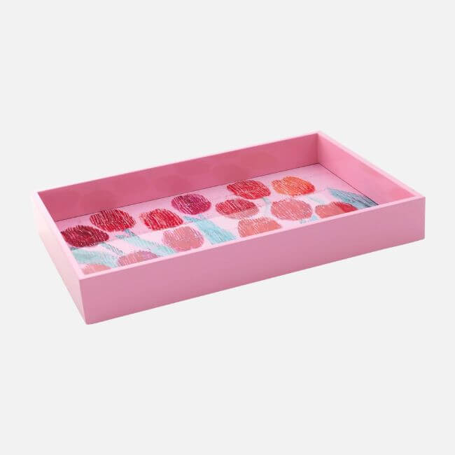 22 Birmingham FINDS for June: Breezy Dresses, Entertaining & Gifts for Dad - 15 A rectangular pink tray with raised sides, featuring a colorful pattern of red, pink, and blue dots on the base—perfect for summer shopping finds or lively gatherings.