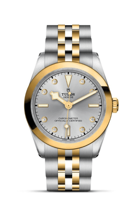 A Luxe Tudor wristwatch with a silver and gold bracelet, gold bezel, and diamond hour markers on a silver dial—one of Birmingham's standout FINDS.