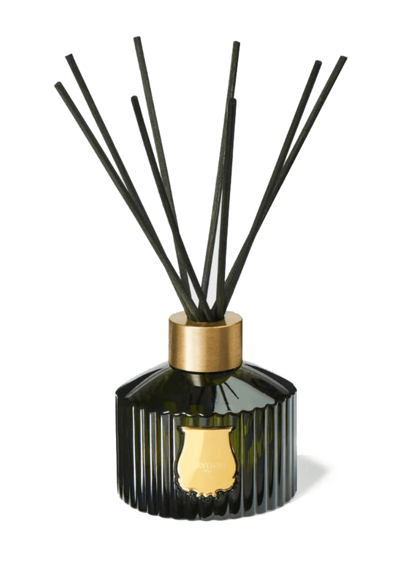 A luxe black ribbed glass reed diffuser with a gold label and several black reeds arranged inside—a sophisticated addition to any space, available at FINDS Birmingham.