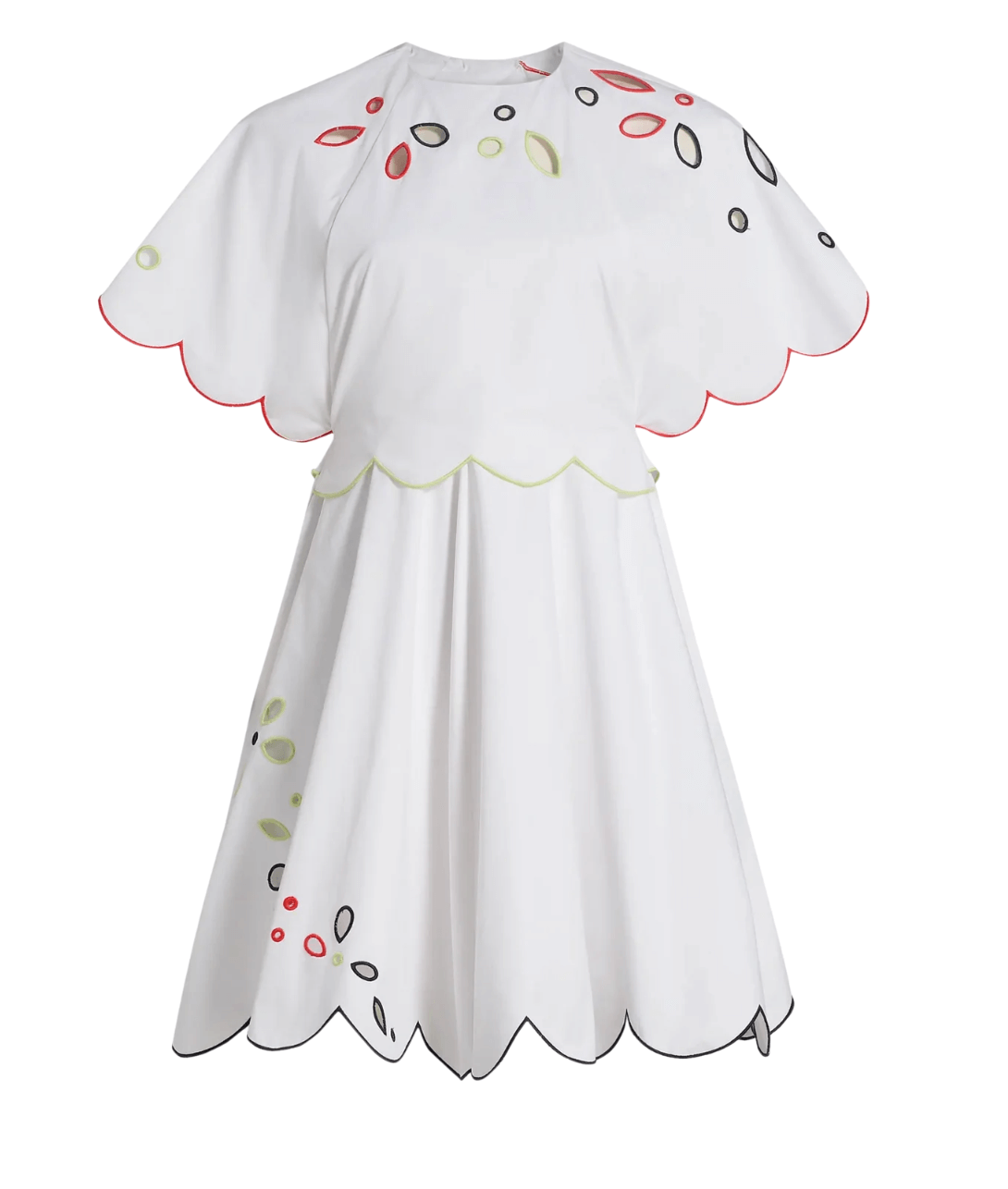 Luxe white knee-length dress with scalloped edges, short cape sleeves, and multicolored oval-shaped embroidery in red, green, and black—a standout FINDS piece perfect for Birmingham style.
