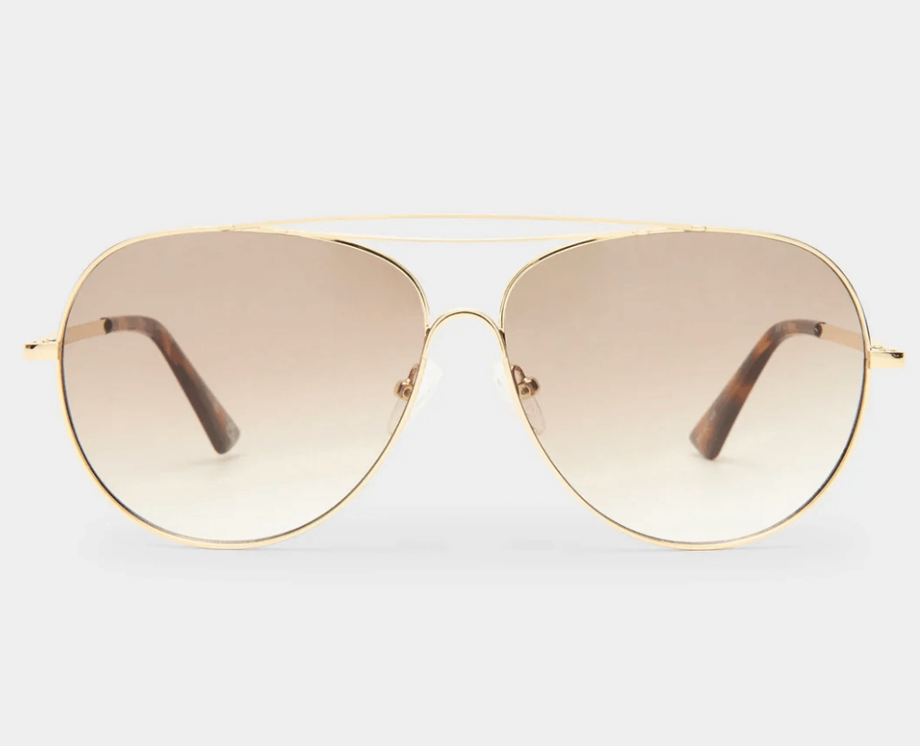 Gold aviator sunglasses with brown gradient lenses and thin metal frames, featured as one of the top FINDS in Birmingham this June, displayed on a plain white background.