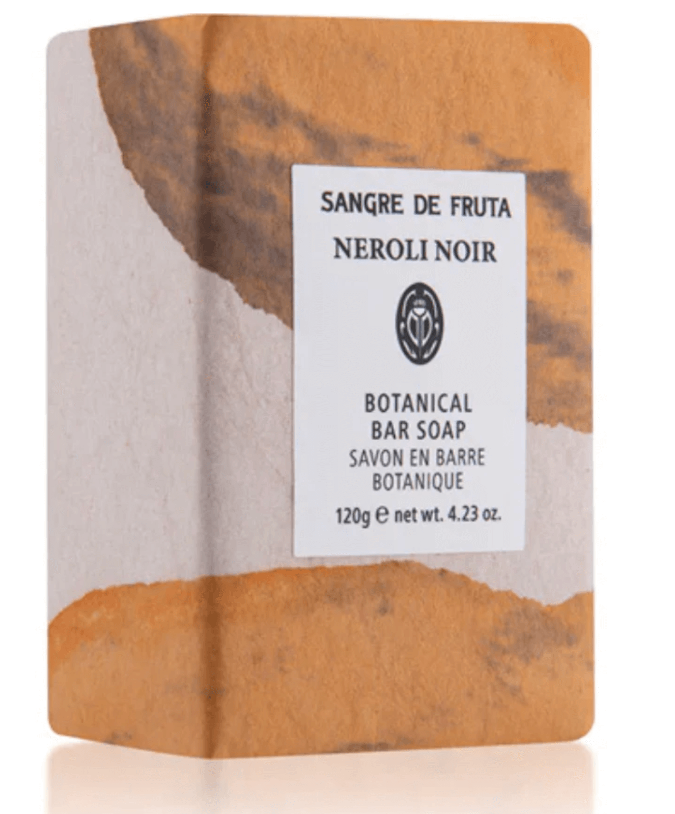 Discover a FINDS exclusive: a rectangular bar of soap in orange and beige packaging labeled "Sangre de Fruta Neroli Noir Botanical Bar Soap, 120g"—perfect for your June self-care routine.