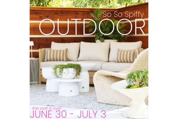 Outdoor patio with a beige sofa, striped pillows, white tables, wicker chair, and green plants. Text reads "So So Spiffy OUTDOOR"—join the Spiffy Event for outdoor shopping, June 30 – July 3.