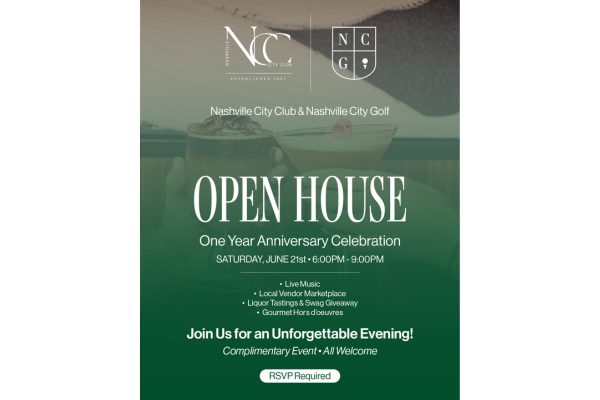 Open House event flyer for Nashville City Club and Nashville City Golf's one-year anniversary celebration on June 21, 6–9 PM, featuring live music, vendors, tastings, and exciting giveaways.