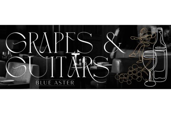 A black and white banner reads "Grapes & Guitars Blue Aster," featuring line art of grapes, a wine bottle, a glass, and a figure playing guitar. The imagery perfectly blends the spirit of music and fine grapes.