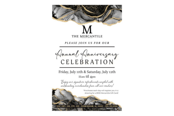 Join Mercantile by Miller's Anniversary Event on July 11th & 12th, 11am-4pm! Enjoy refreshments and enter for a chance to win a $500 gift card during our annual celebration.