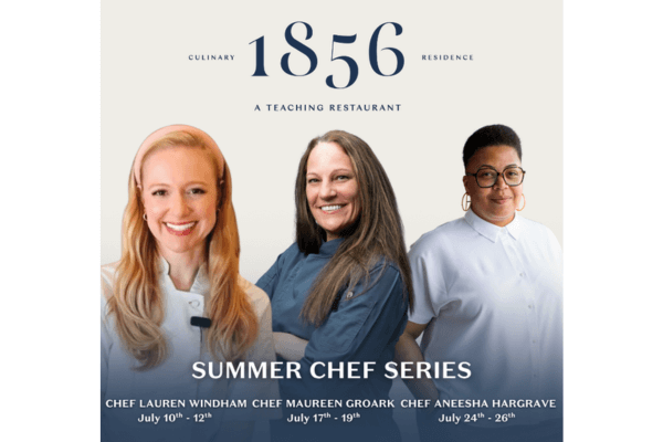 Three chefs are pictured under the "1856 Culinary Residence Summer Chef Series" banner, with their names and event dates listed below their images.