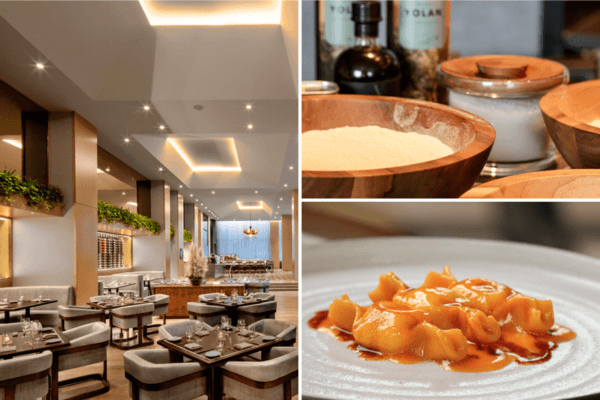 A modern restaurant dining area, wooden bowls with ingredients, and a plated Caramelle pasta dish with sauce are shown in a collage, evoking the experience of a hands-on Pasta Making Class.