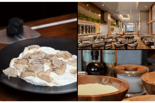 A collage shows a pasta dish with shaved truffles, a modern restaurant interior, and close-up bowls of ingredients on a wooden counter—perfect inspiration for your next Pasta Making Class or Gnocchi Cooking Class.